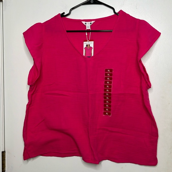 Three Dots Tops - NWT XL Three Dots Cotton Gauze Flutter Sleeve Hot Pink Top